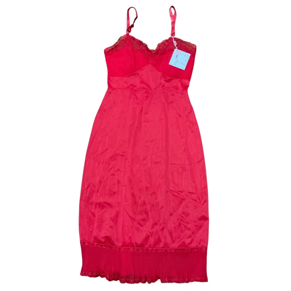 Vintage Shadowline Red Nylon Full Slip Lace Pleated Bodice 2470 Size 32 NWT